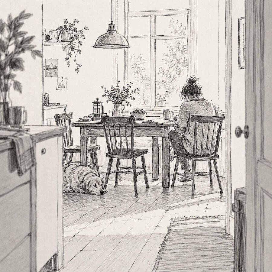 An Everyday Moment Pencil sketch of a person sitting at a kitchen table, viewed from across the room, with chairs, a window, and a dog nearby.