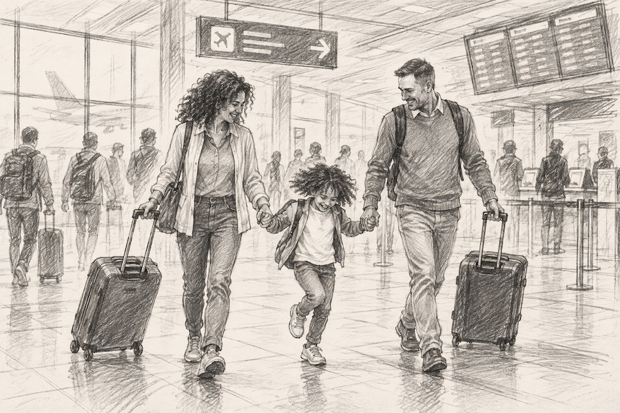 Pencil sketch of a family moving through an airport terminal while a child skips playfully between her parents.