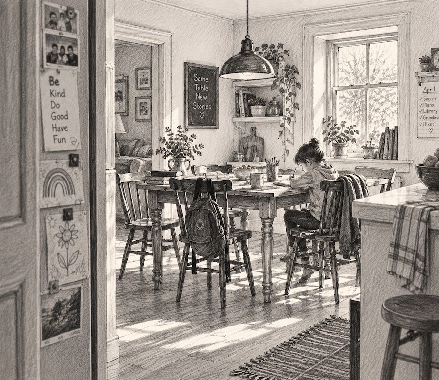 Pencil sketch of a child drawing at a kitchen table, viewed from the side and surrounded by chairs, a backpack, family notes, books, plants, and other signs of everyday family life.