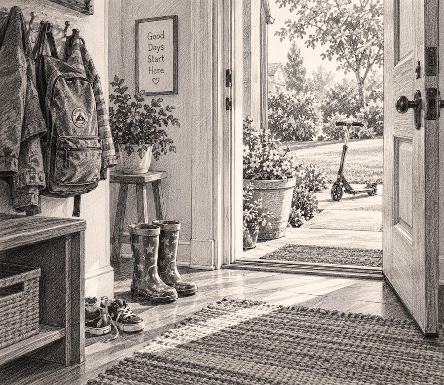 Pencil sketch of a family entryway with children's rain boots, shoes, a backpack, coats, and a scooter visible outside through the open door.
