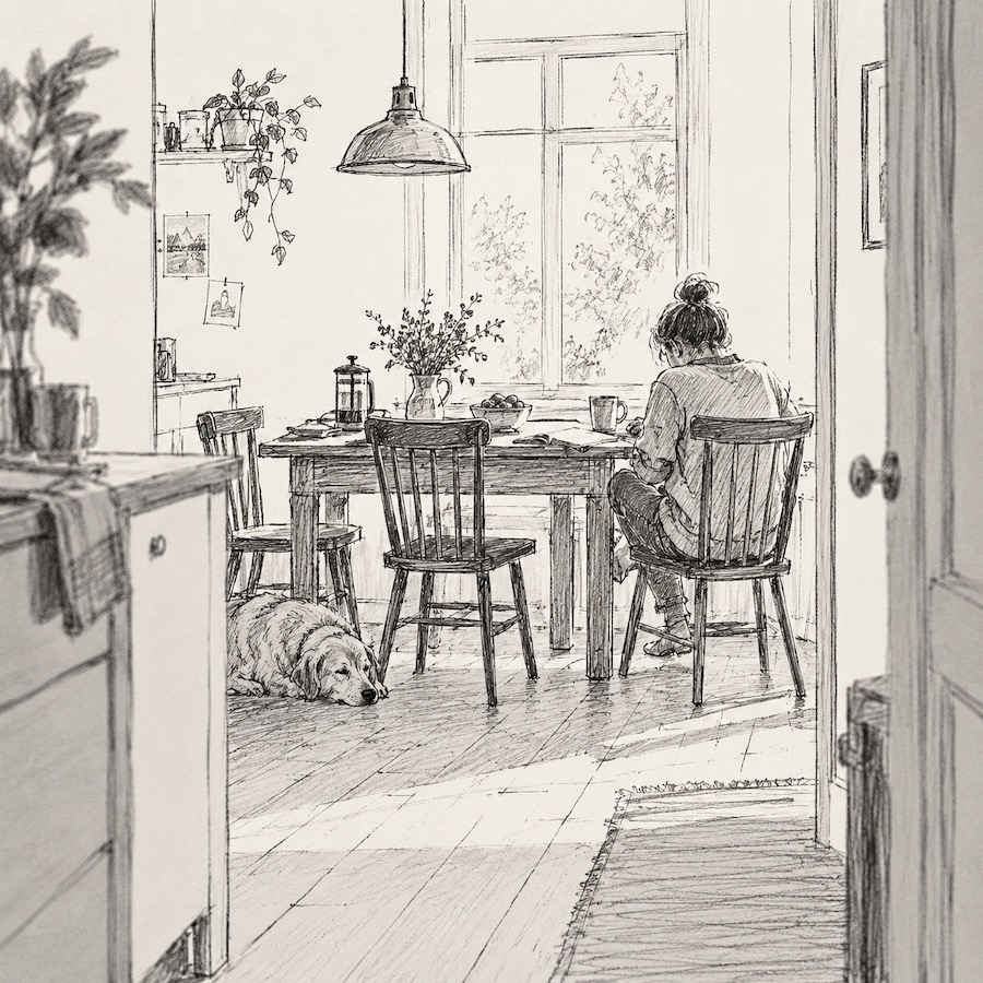 Pencil sketch of a person sitting at a kitchen table, viewed from across the room, with chairs, a window, and a dog nearby.